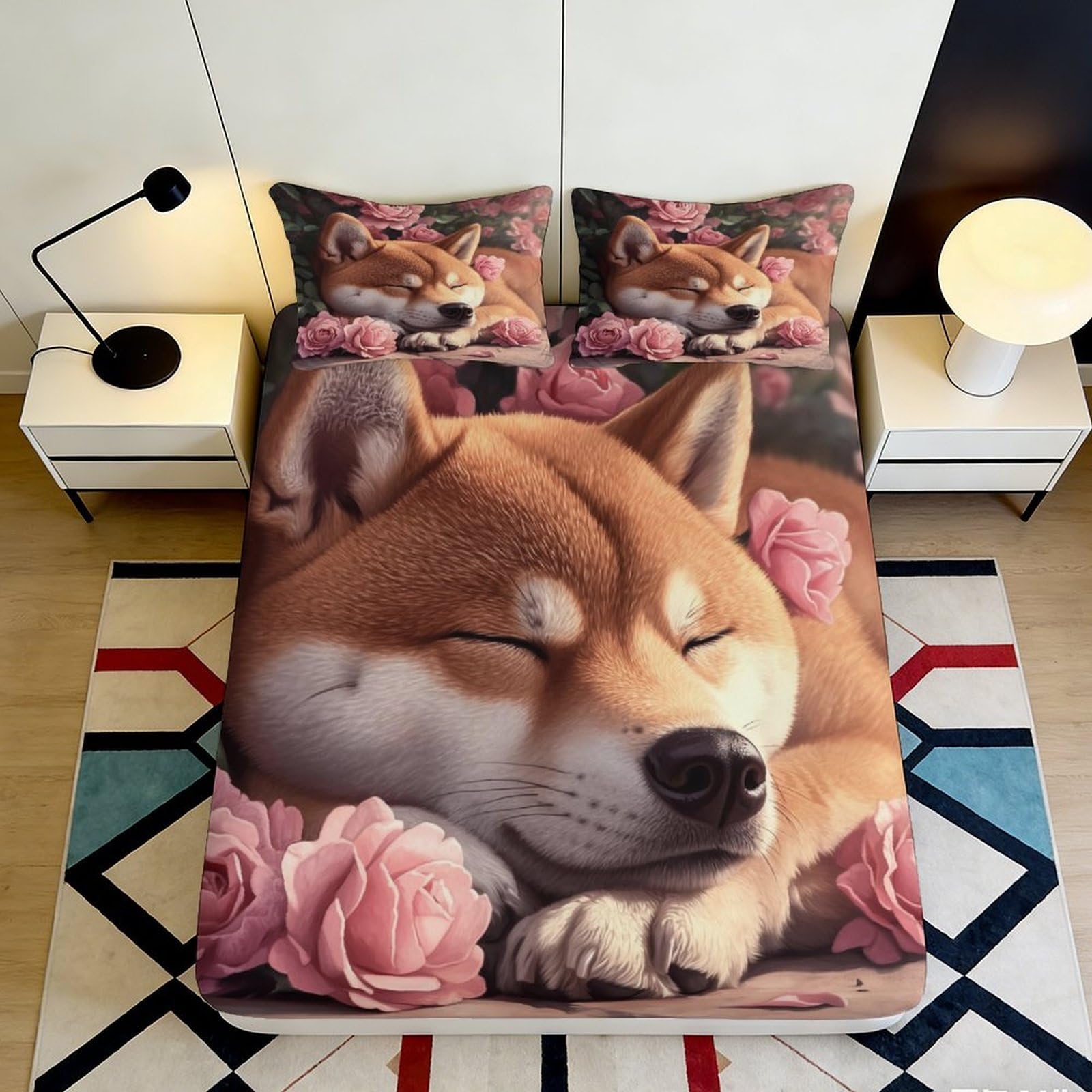 3D Printed Shiba Inu Sleeping Dog Fitted Sheet Microfiber Rose Flowers Mattress Cover for Bedroom Decor 90x200x25cm
