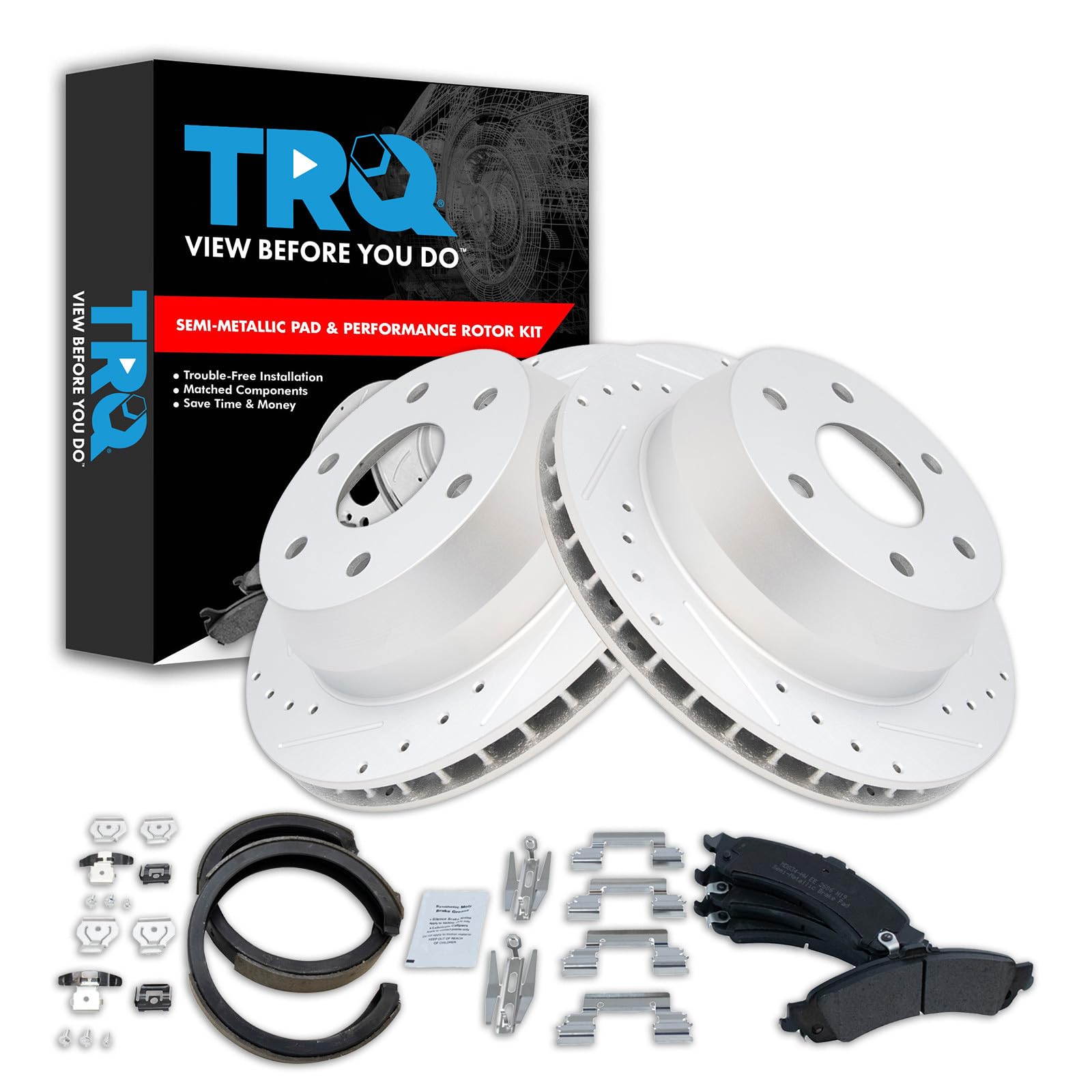 TRQ Performance Rear Performance Brake Pad &amp; Rotor Kit Semi-Metallic Premium G-Coated Compatible with Cadillac Chevrolet GMC