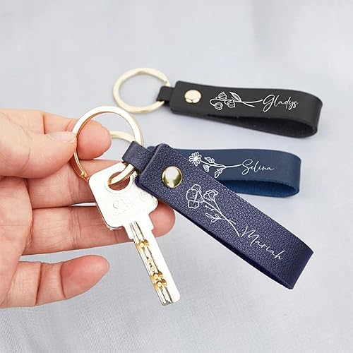 Miniatura 2 de Personalized Birth Flower Key Chain with Name,Custom Leather KeyChain Engraved Handmade Keychain Christmas Wedding Birthday Gifts for Women (Birth