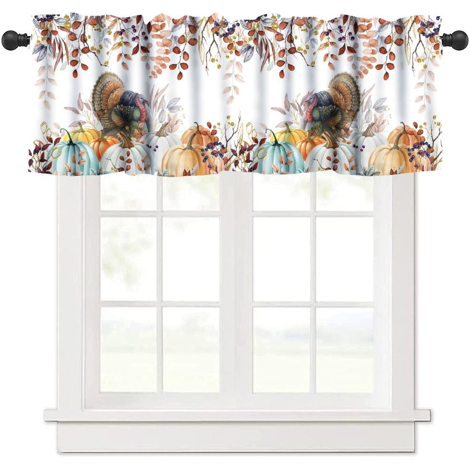 moderw Thanksgiving Turkey Fall Valance Curtains Harvest Autumn Pumpkins Maples Rustic Boho Botanical Leaves Farmhouse Window Curtain Valance for Living Room Bedroom Kitchen 54x18inch