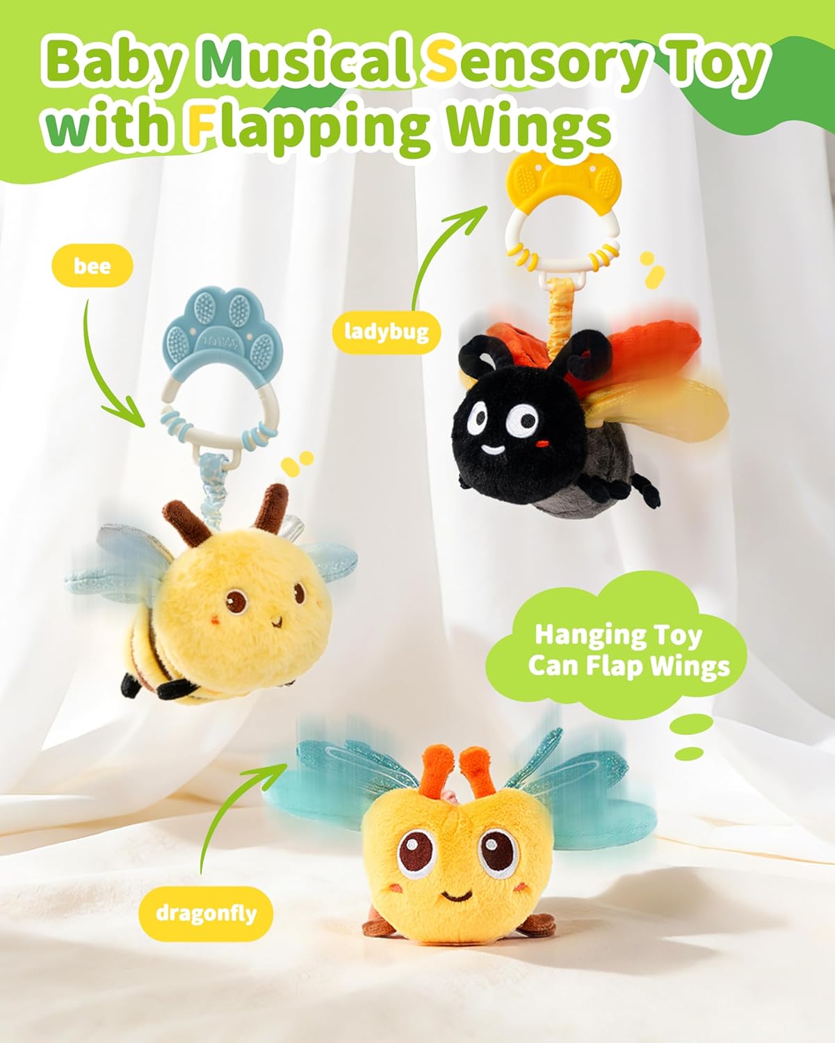 Jollybaby Musical Flying Dragonflies Toy - Car Seat, Stroller, Crib & Play Gym Hanging Toys for Baby 0-6-12-24 Months, Tummy Time Sensory Toy for Infant Boys and Girls Easter Gifts