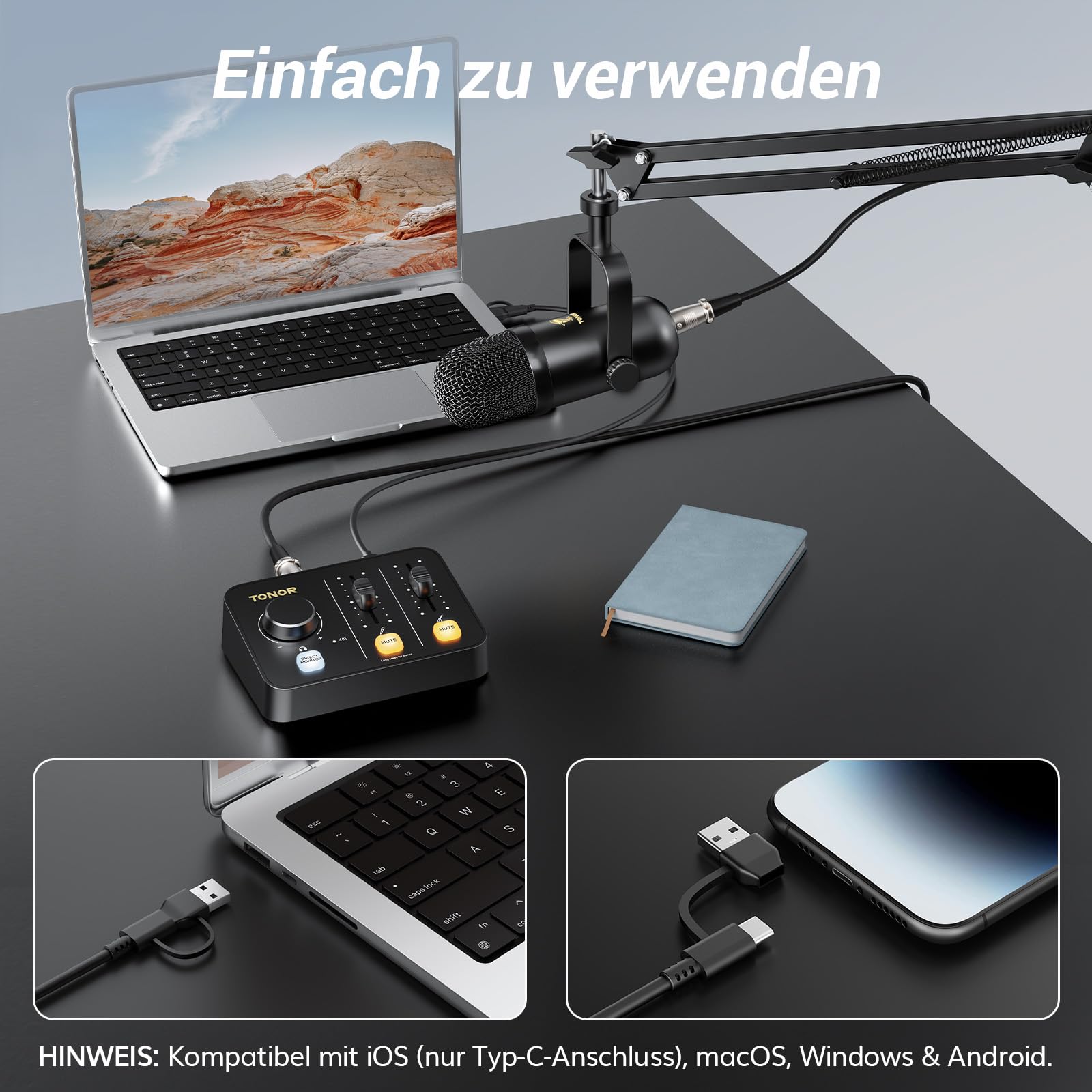 TONOR Podcast Mikrofon Set mit Audio Interface & Mikrofonarm, XLR Mikrofon, Kondensatormikrofone, Audio Mixer, Lautstärkeregler, 3D Stereoklang, für Recording, Podcasting, Streaming, POD-1