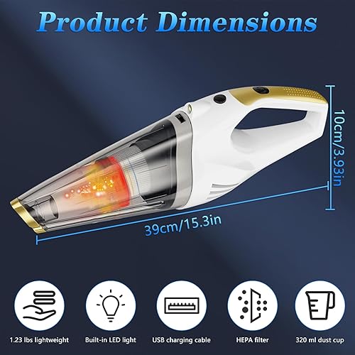 Miniatura 8 de Aspiradora de mano inalámbrica, inalámbrica con luz LED, succión fuerte de 6 kpa con tres tipos de cabezales de succión y filtros para limpieza del