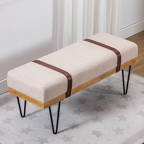 Miniatura 8 de HEAH-YO Banco de interior moderno, banco de entrada de 18 pulgadas de altura del asiento con correa de piel sintética y patas de metal, reposapiés