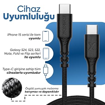 Type-C to Type-C ile Uyumlu iPhone ve Samsung ile Uyumlu Hızlı Şarj ve Data Kablosu 40 cm (Siyah)