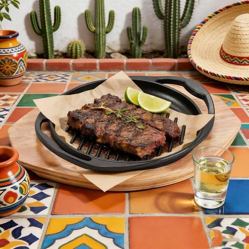 Bistecchiera in ghisa con doppio manico per bistecca e barbecue, per padella robusta per cottura a gas e induzione, superficie antiaderente, nero (5026)