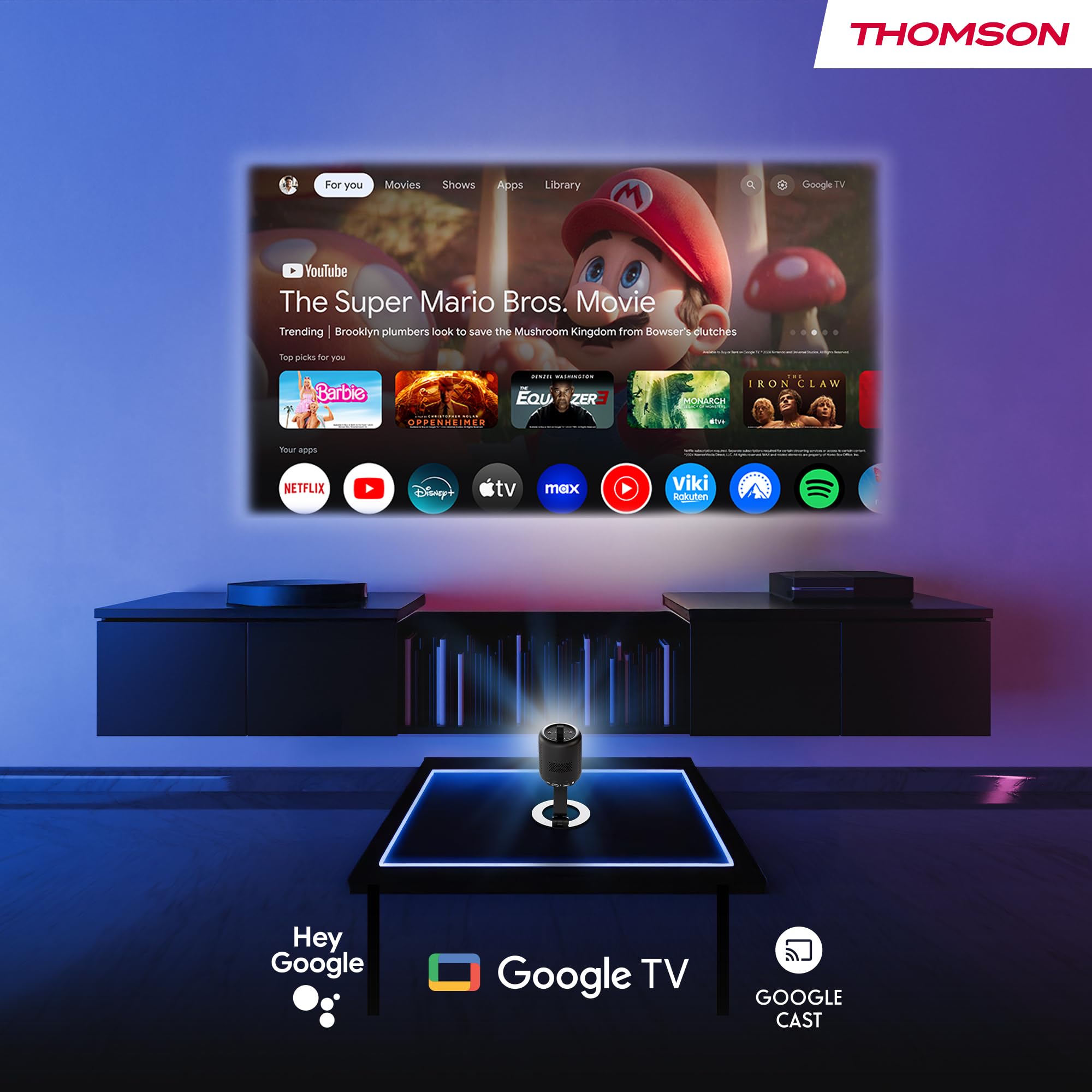 Thomson Vega PG35B Tragbarer Full HD Beamer, Smart LED Projektor mit Google TV, integriertem Akku, 350 ANSI Lumen, Autofokus, HDR10, Dolby Digital+, WiFi, Projektion an die Decke – Hartschalenkoffer