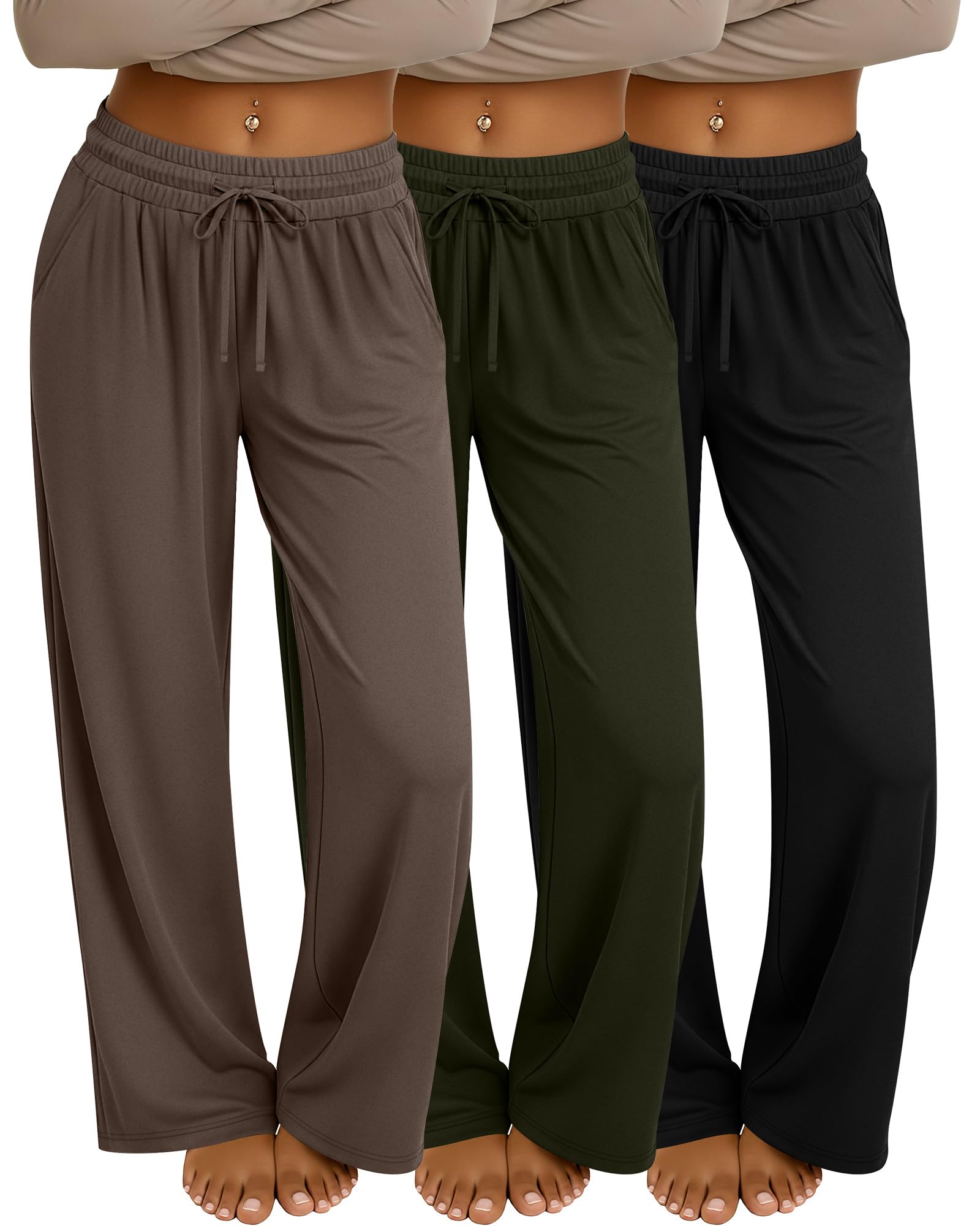 Neer Confezione da 3 Pantaloni da Jogging da Donna con Tasche, Gamba Larga, Comodi e Spessi, con Coulisse, Stile Casual e Ampio