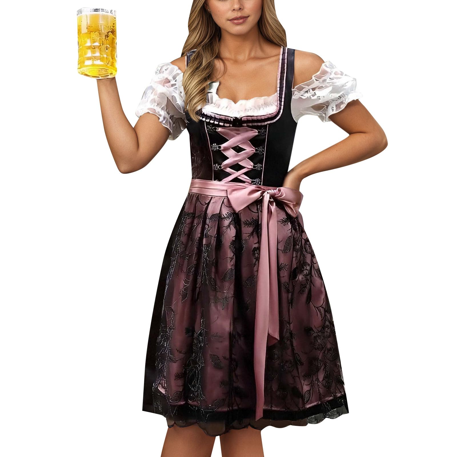 Dirndl Damen Midi Set 3 Teilig - Dirndl Für Damen Lang - Elegant Retro Kleider Festlich Dirndlkleid Einfaches Mit Bindeseil U-Ausschnitt Dirndelkleider Teenager Mädchen Festliche Outfit