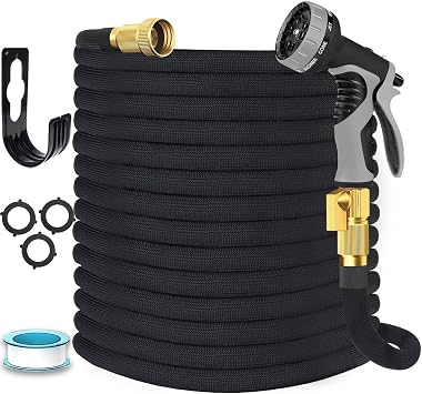 Garden Hose 75 ft, Non-Expandable Flexible Water Hose with 10 Function Spray Nozzle, Lightweight, Leak Proof, Kink-Free, Portable Hose for Outdoor, Yard, Lawn, High-Density Fabric, Black Grey