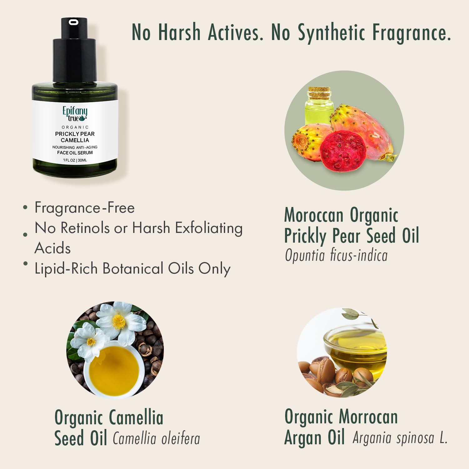 Organic Moroccan Prickly Pear Seed Oil & Camellia Face Oil Serum 30mL - Restorative Facial Moisturizer for Sensitive Skin - Cold Pressed Liquid Gold, Fragrance Free