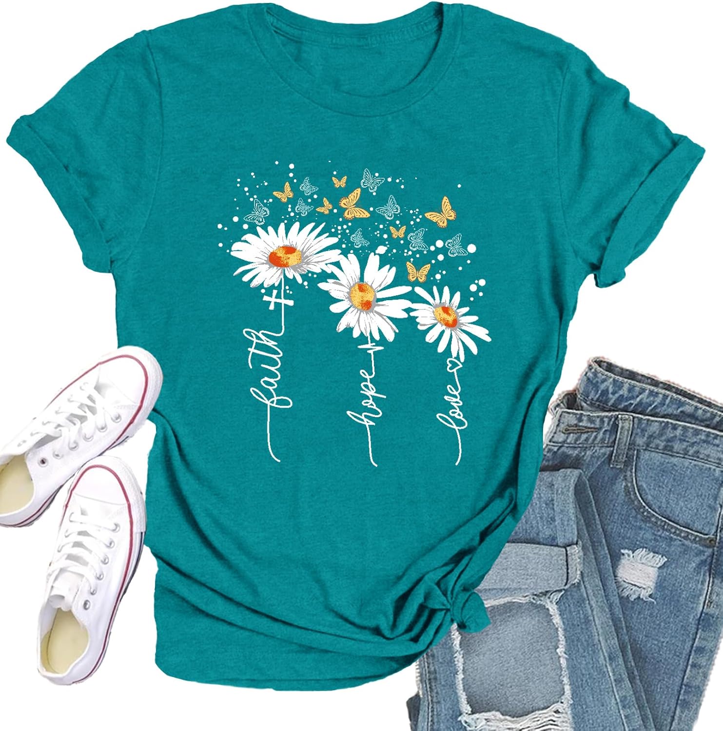 Christian Shirts for Women Daisy Floral T-Shirt Faith Hope Love Tee Butterfly Tops