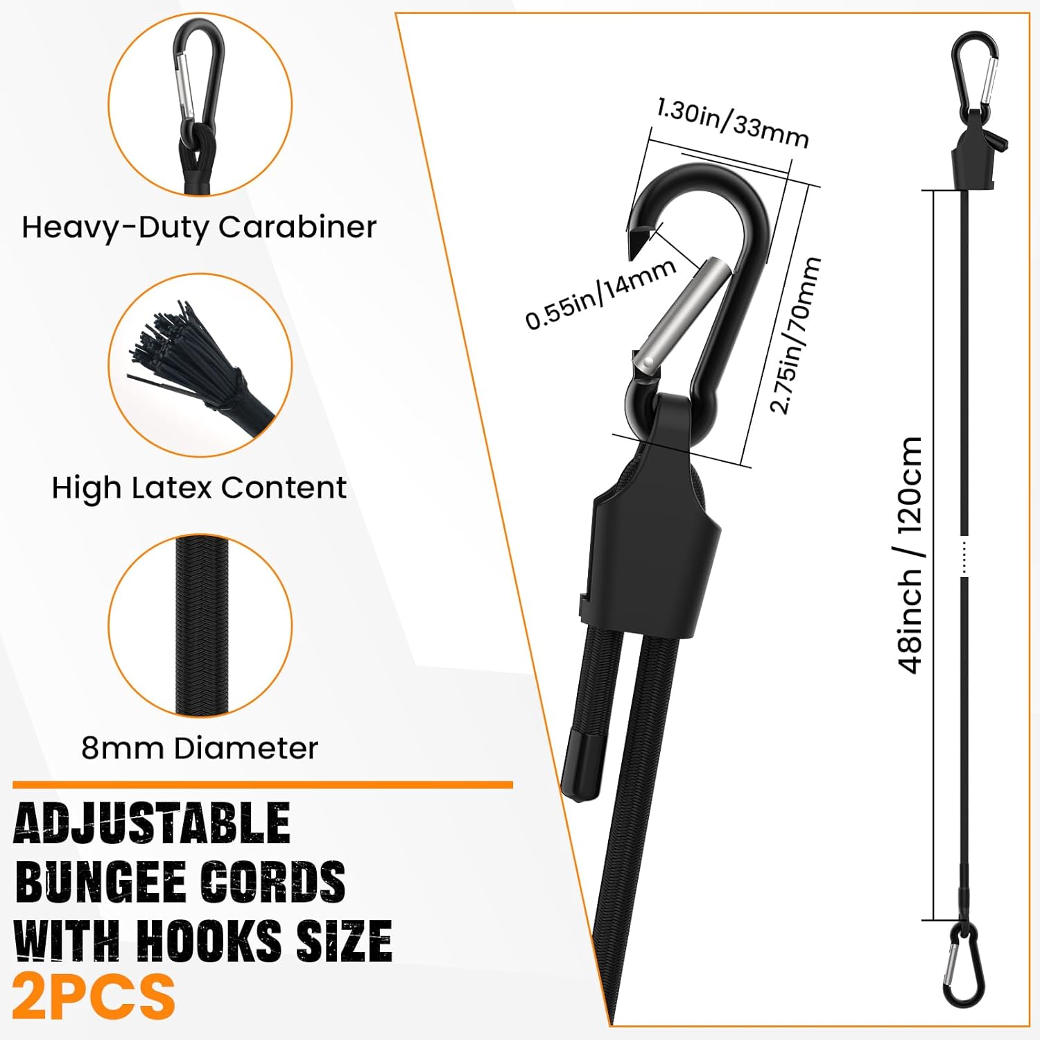 Adjustable Bungee Cords with Hooks 48 Inch Long Superior Latex Heavy Duty Elastic Straps for Outdoor Tent, Luggage Rack, Camping, Cargo, Bike, Transporting, Storage [2PCS, Easy to Adjust 8" - 52"]