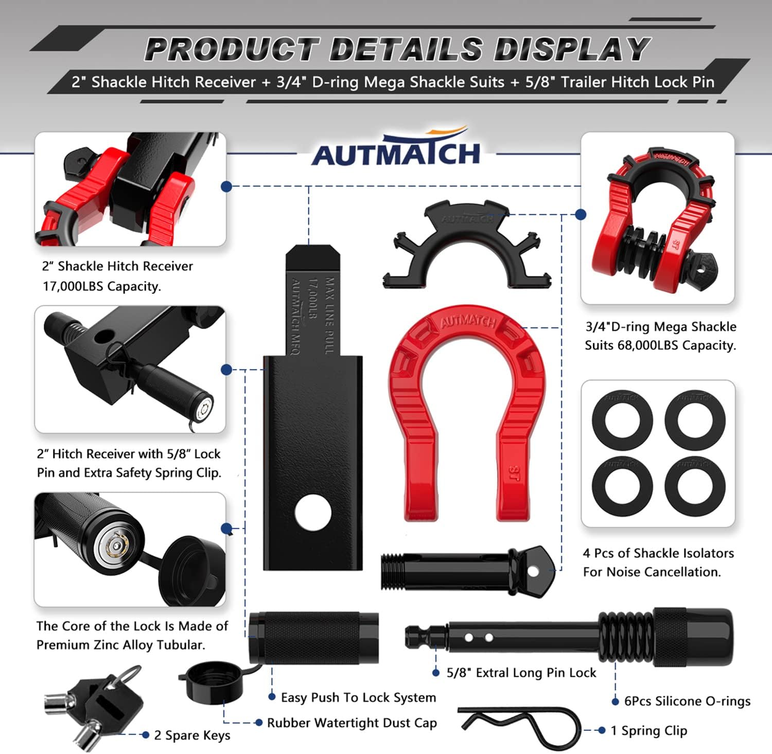 AUTMATCH Shackle Hitch Receiver 2" with 3/4" Mega D Ring Shackle and 5/8" Trailer Hitch Lock Pin, 68,000 Lbs Break Strength Heavy Duty Receiver Towing Kit for Off-Road Vehicle Recovery, Black & Red - Image 2