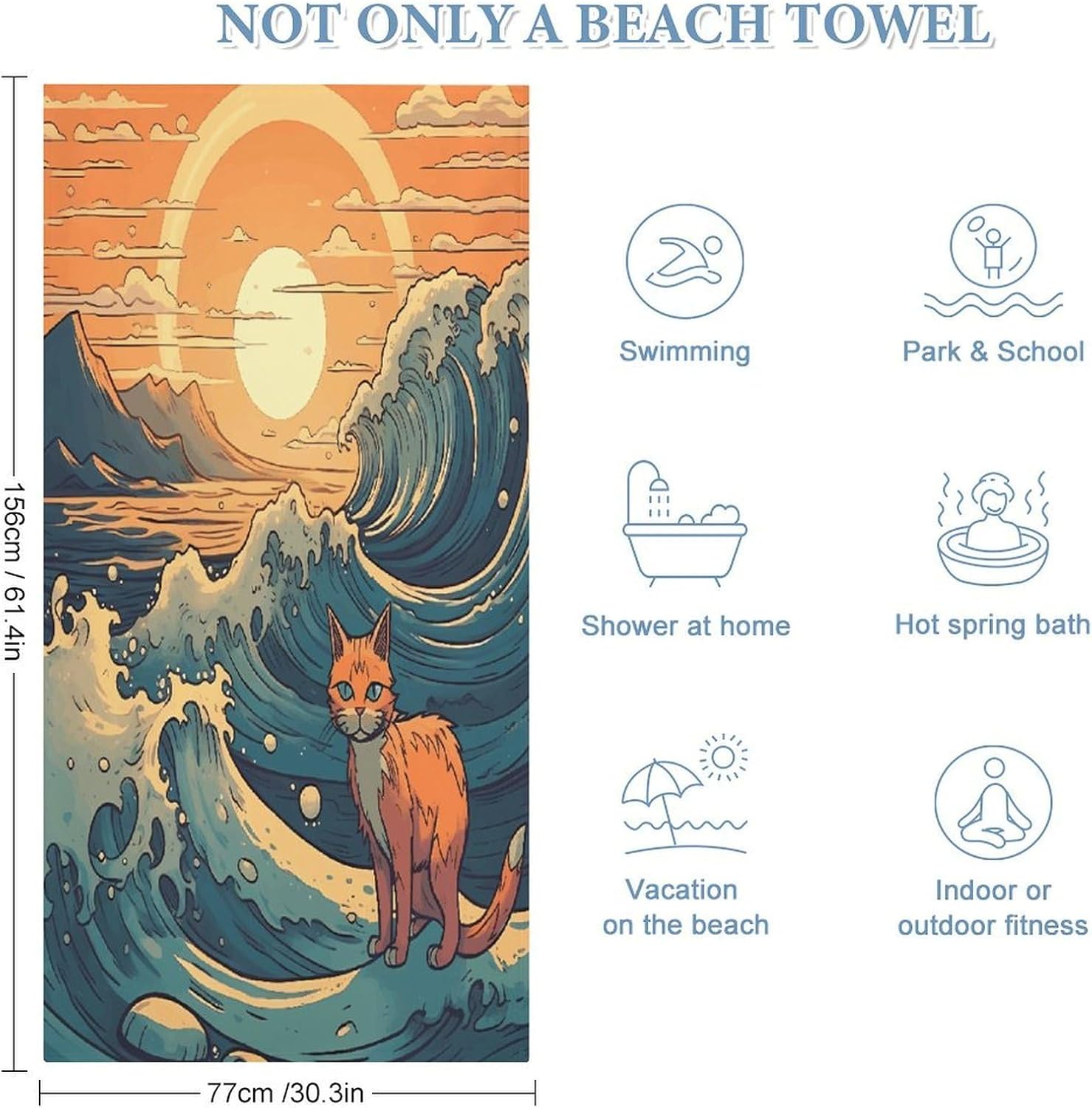 Anime Style Cat Beach Towel Extra Large Sandproof Towels 30x61in Microfiber Quick Dry Bath Towels, Soft Lightweight Oversized Sand Free, for Travel Pool Swimming Gym image 2