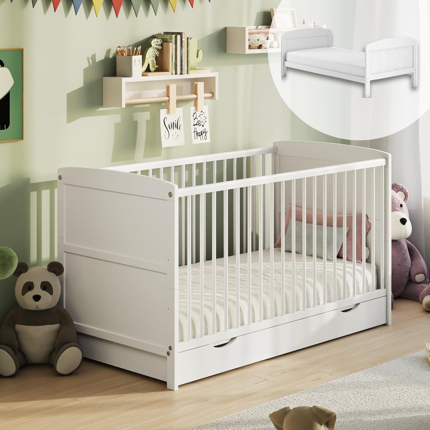 Babybett 70x140 umbaubar mit Schublade und Matratze, Gitterbett, Kinderbett, höhenverstellbar & herausnehmbare Sprossen | weitere Größe: 60x120cm | 70x140cm: von Geburt bis 6. Lebensjahr, Weiß