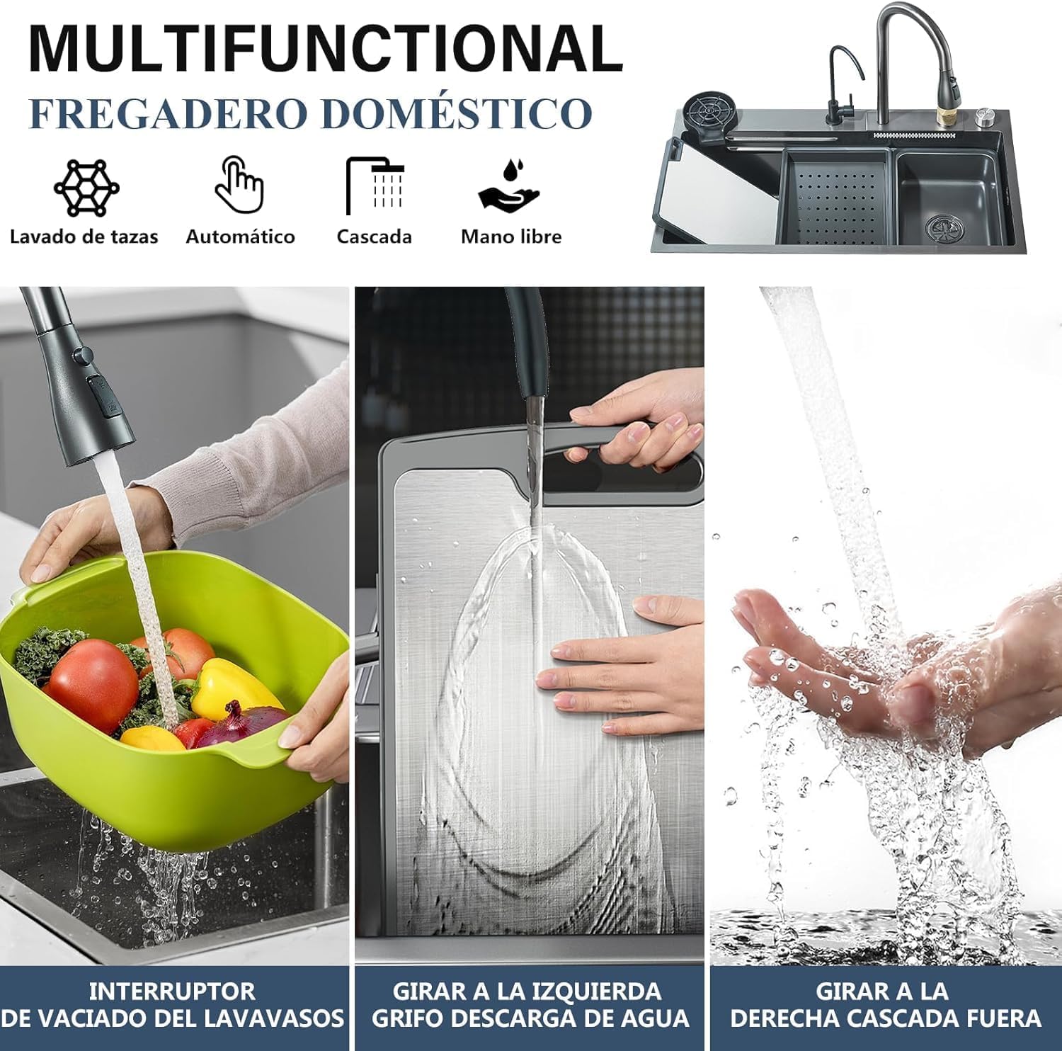 Stainless Steel Kitchen Sink with Waterfall Faucet, Modern Rain Drop Bar Prep Sink with Accessories (32 x 18 Inch) - Includes Soap Dispenser, Commercial Grade Restaurant Quality