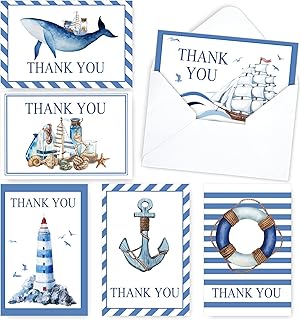 AnyDesign Cruise Staff Thank You Cards Set with Stickers Envelopes 24 Pack Blue Nautical Thank You Note Cards for Express Thanks to Ship Staff Birthday Baby Shower Party, 4 x 6 Inch
