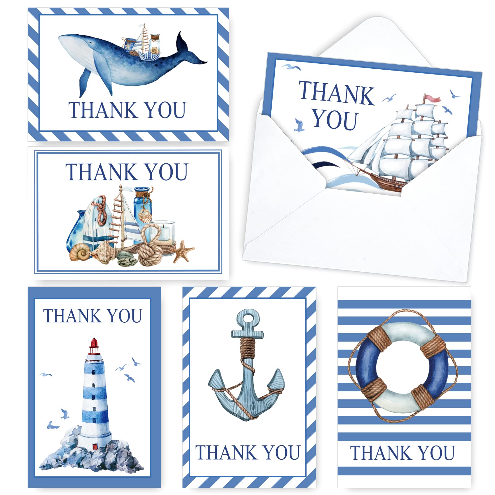 Buy AnyDesign Cruise Staff Thank You Cards Set 24 Pack Blue Nautical Theme Thank You Note Cards ...