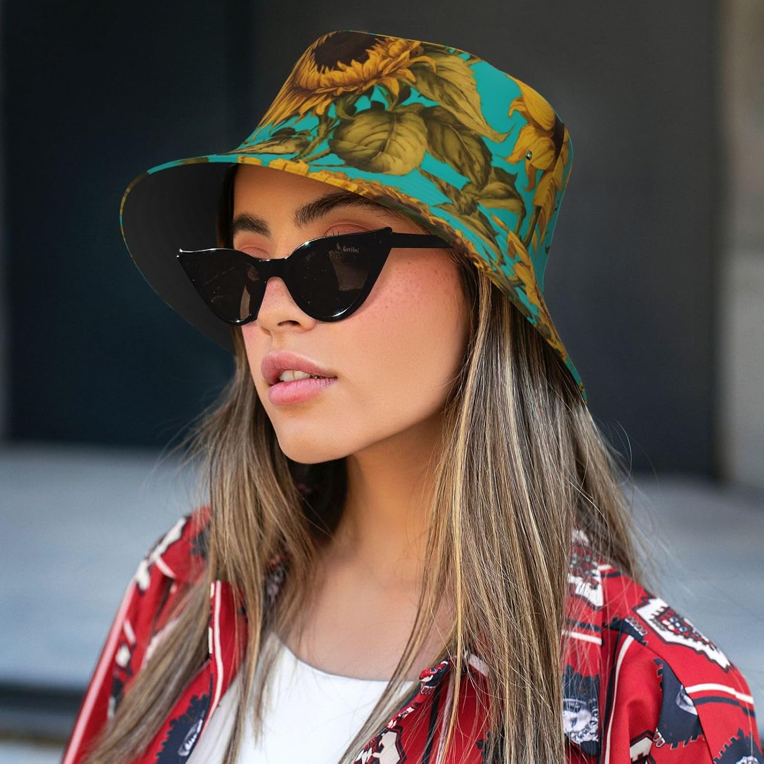 Sunflower Print Sun Hat Outdoor Fisherman Cap Summer Bucket Hat Beach for Men Women Black