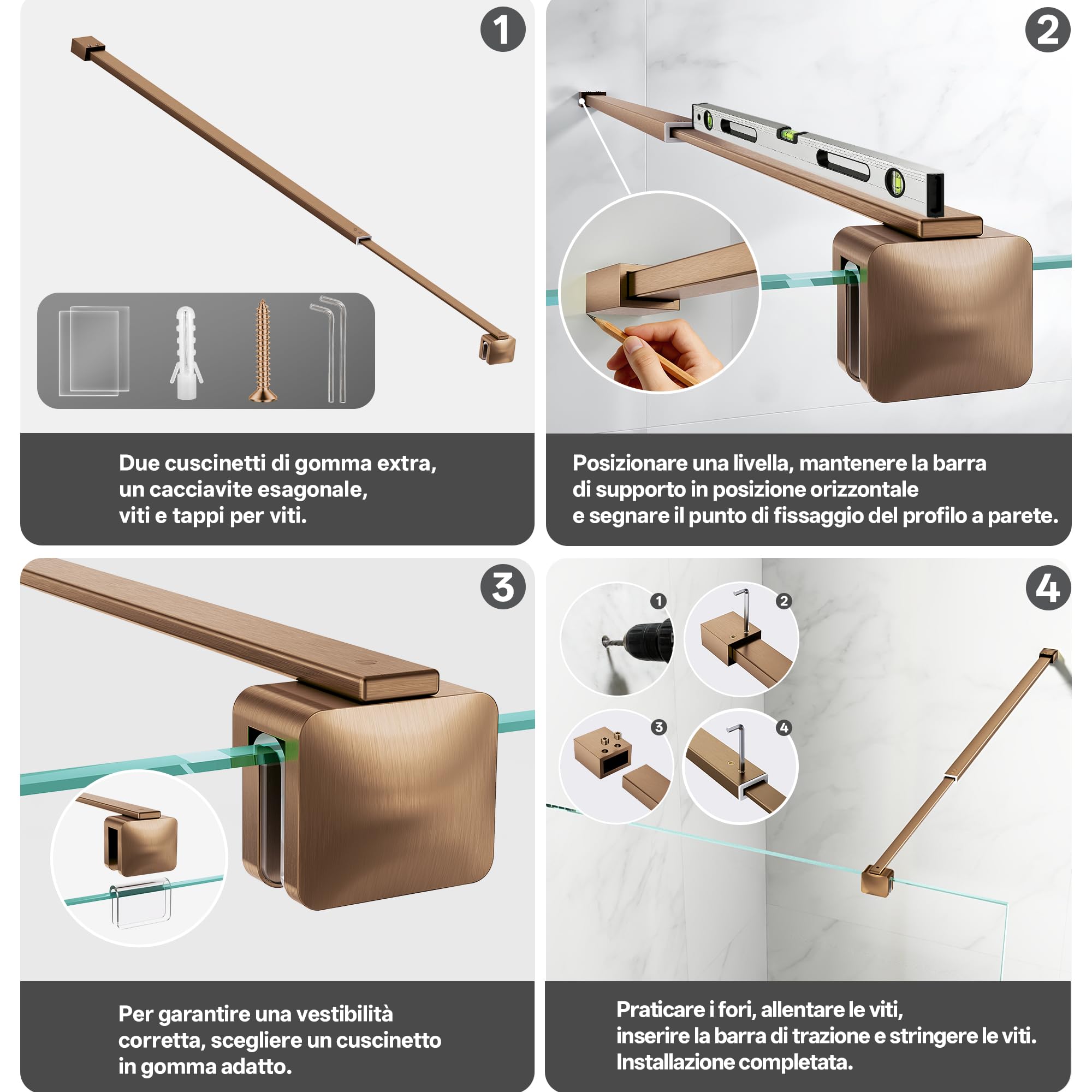 Barra telescopica di supporto da parete per box doccia in acciaio inox, regolabile 68,5-127,8 cm (dal muro al bordo interno del vetro), per vetri 6-10 mm, oro rosa spazzolato