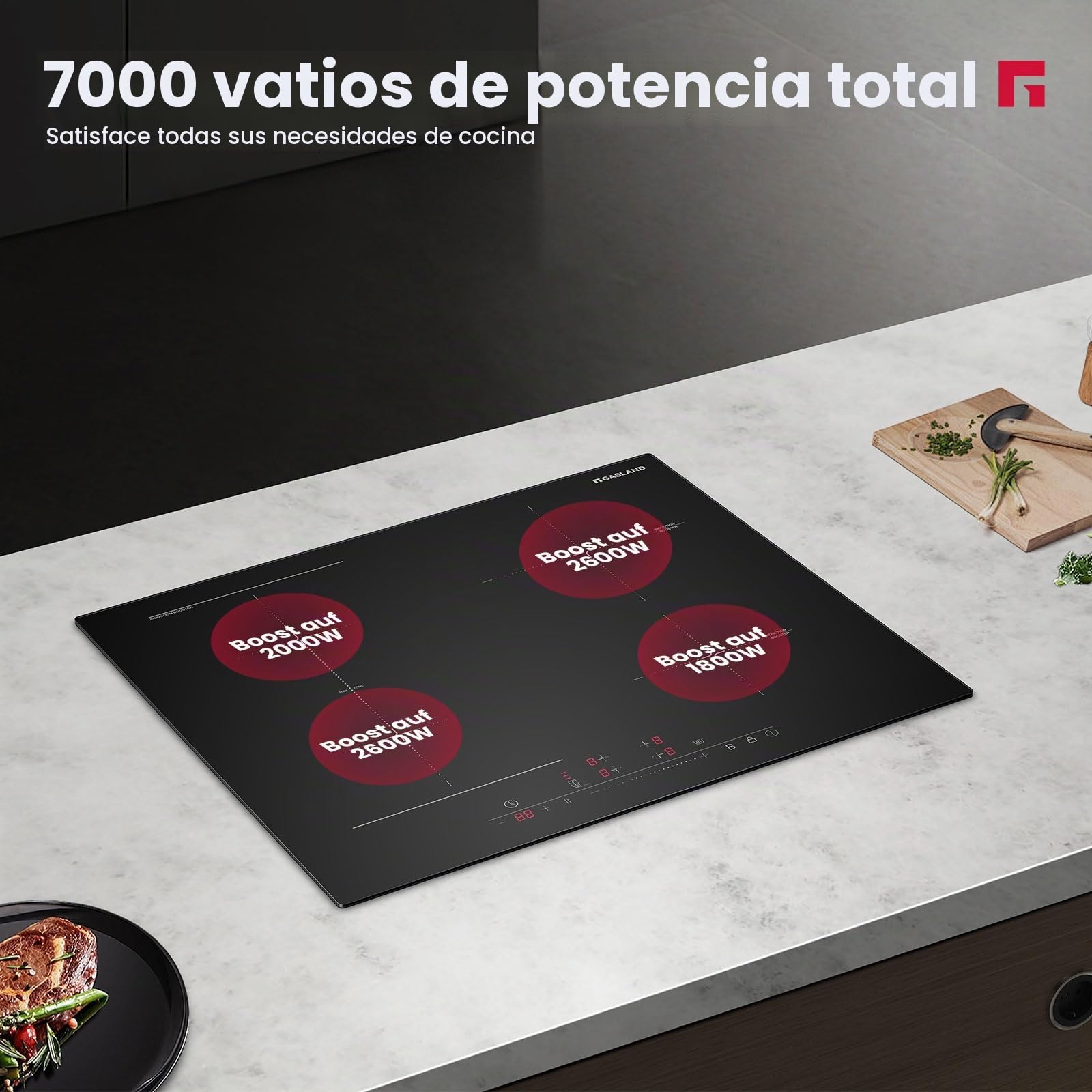 GASLAND IH604BF Placa de Inducción Independiente de 60 cm con una zona flexible, 4 zonas de cocción empotradas, FlexInduction para BBQ, PowerBoost para una cocción más rápida, 7000W (Sin sartén)