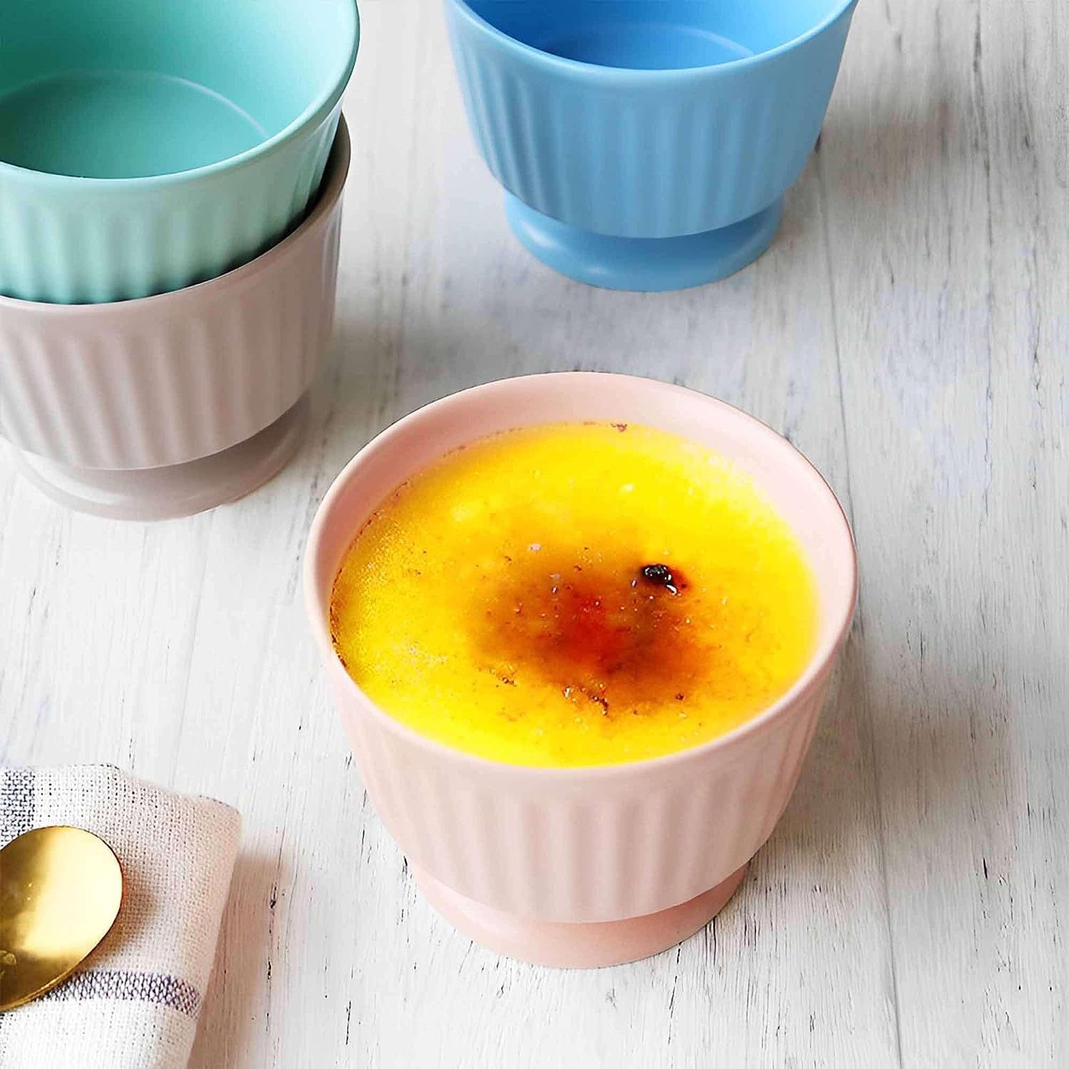 Platos de tapas, tazones de postre, Juego de ramequines, 120 ml, Ramekins de Creme Brulee, Plato de soufflé Platos a prueba de horno, Ramekins de soufflé, Ramekins for freidora de aire-azul-Juego de 4