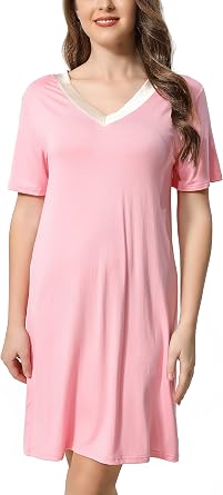 Sleep Shirts for Women Cotton Short Sleeve Night Shirts Soft V-neck Sleepwear Nightgowns