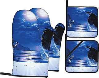 Cute Killer Whale Call from Deep Ocean Big Black and White Fish Heat Resistant Oven Mitts and Pot Holders Set of 4-500°f Protection Utensil Pocket for Grilling, Baking, Cooking