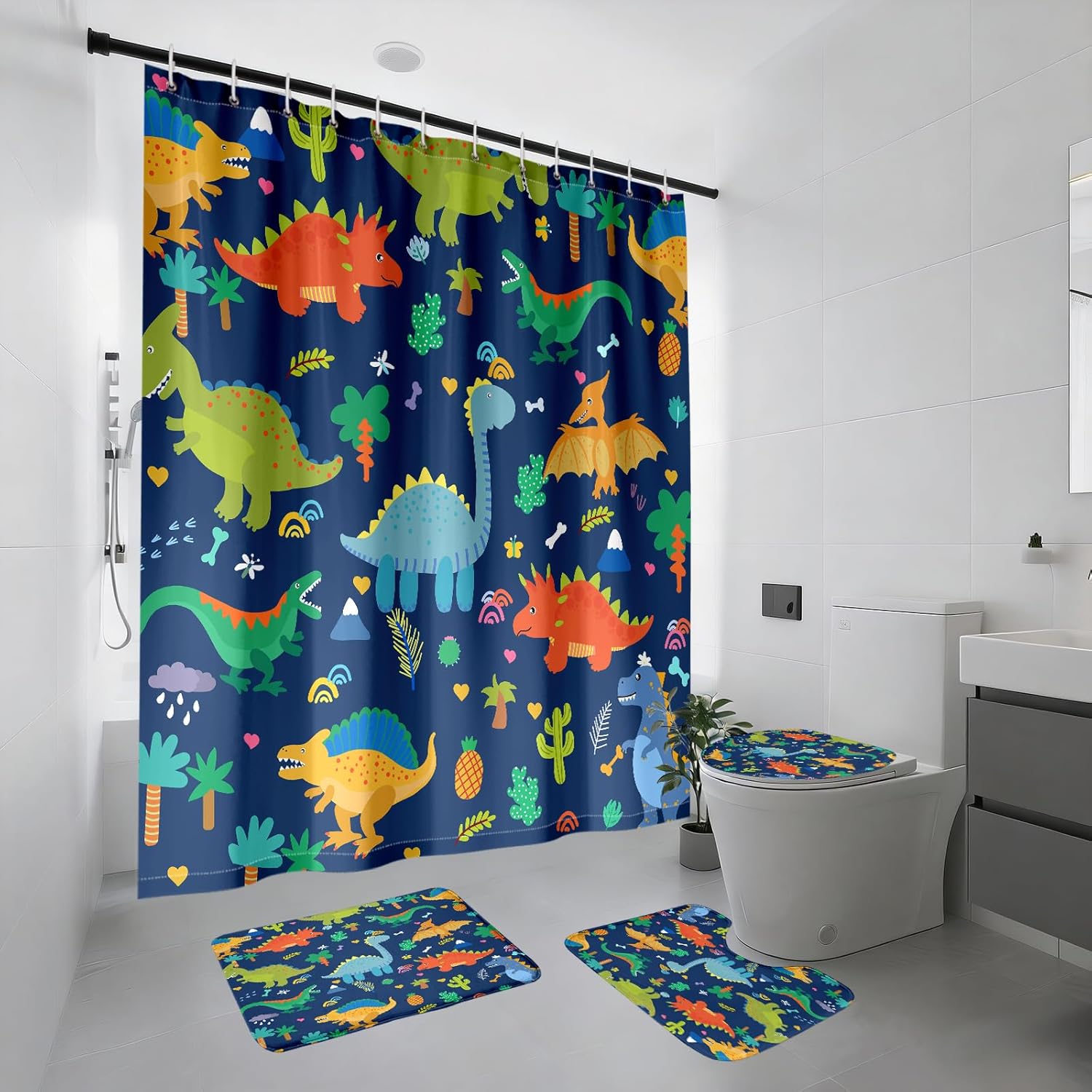 Mushrooms Shower Curtain Set 4 Pieces Fairy Forest Theme Fantasy Cartoon Curtain Set Girls Boys Teens Bathroom Decor Polyester Curtains with 12 Hooks Toilet Rug Bath Mat, 70" x 70"