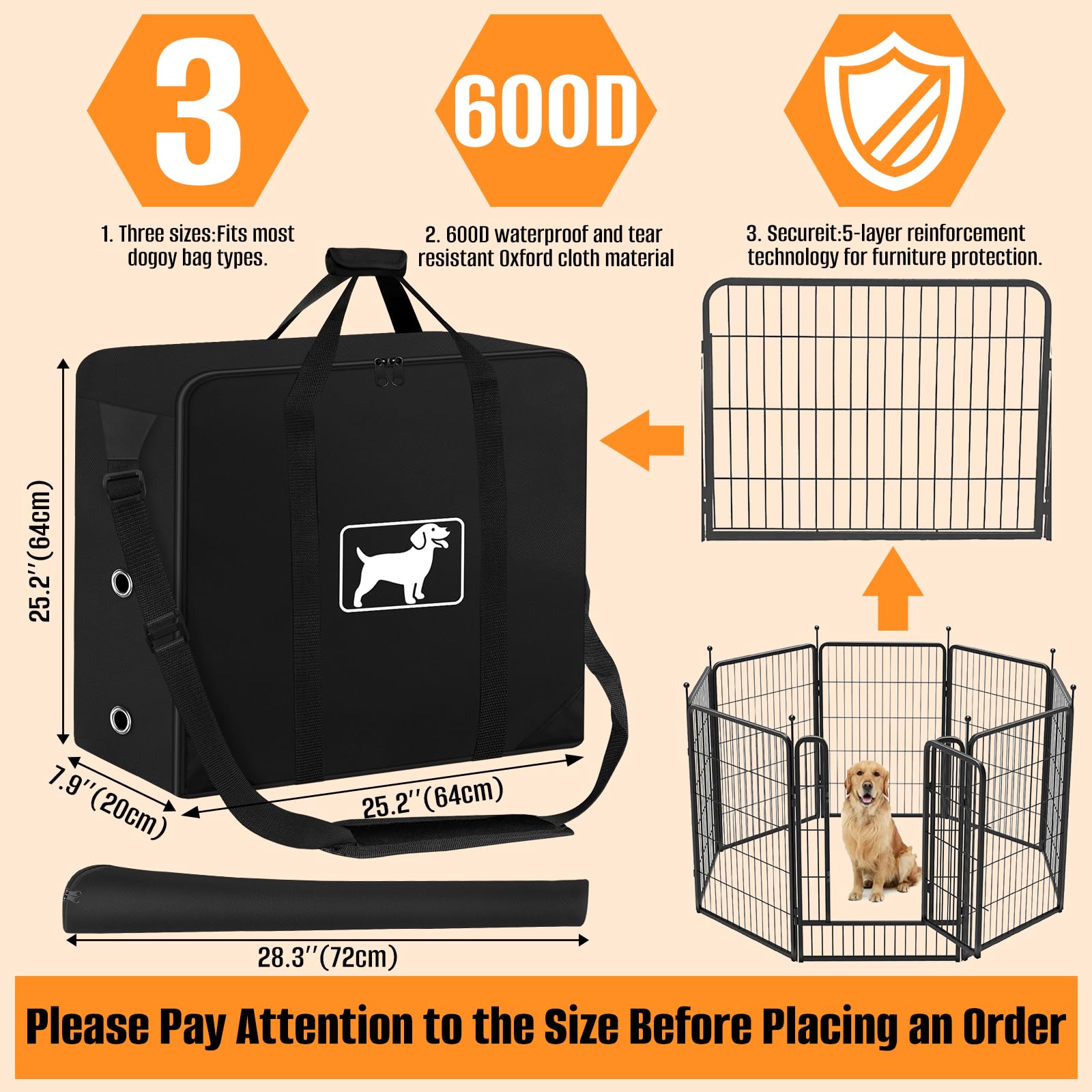 Sac de rangement pour parc pour chien, convient pour 61 cm de haut, 8 panneaux et 9 piquets, sac de voyage pour clôture pour chien pour exercice pliable, avec épaule, tissu Oxford 600D imperméable et