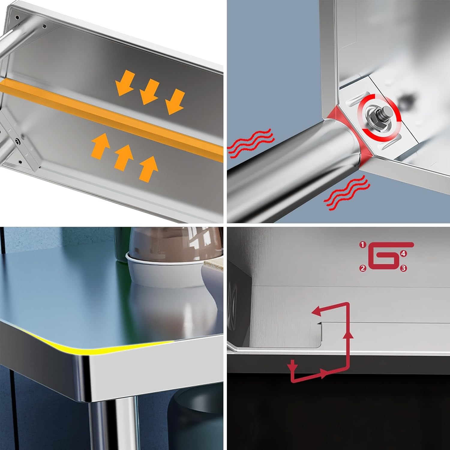 Multi-functional Workbench Three Tier Chopping Table Stainless Steel Adjustable Feet 100*50*80cm