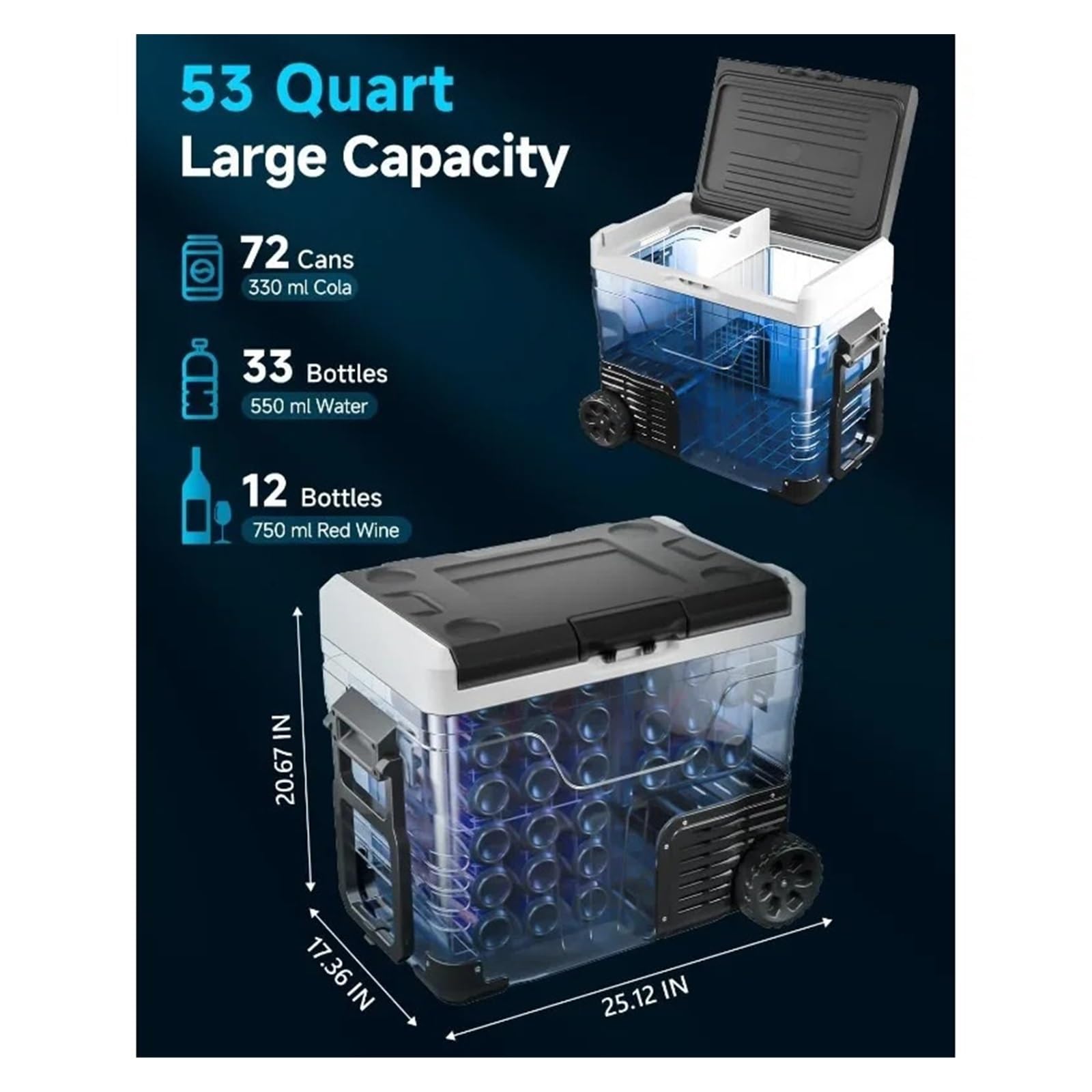 Refrigerador portátil for Auto de 12 voltios - Refrigerador eléctrico de 53 Cuartos (50 L) con 12/24 V CC y 110-240 V CA, con Ruedas, -20-29 °C