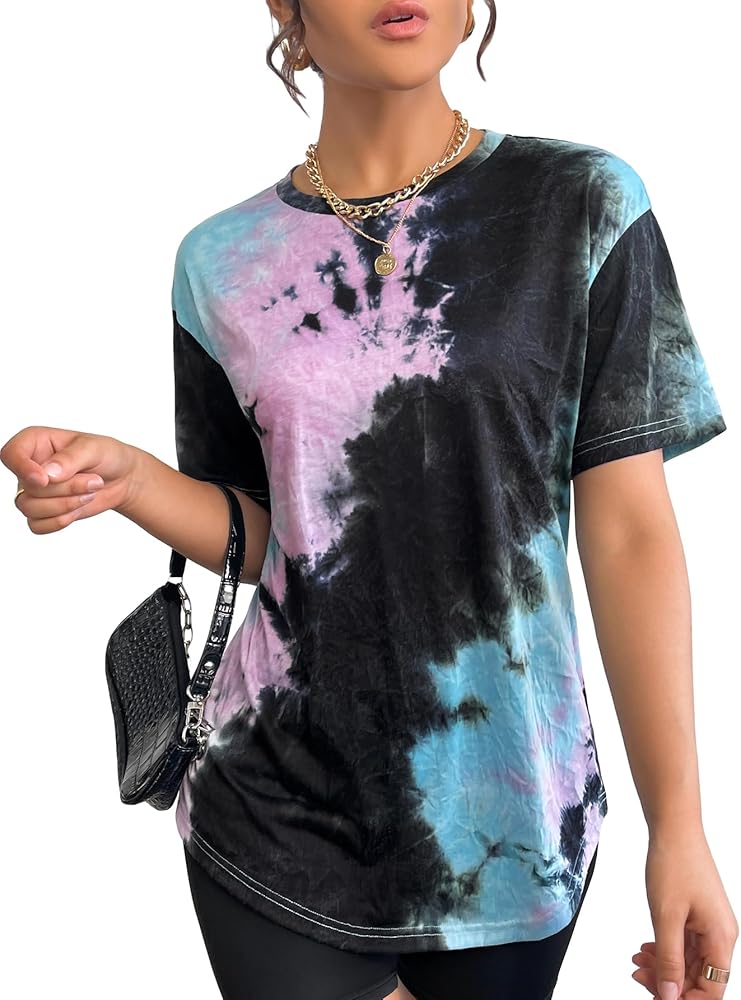 SOLY HUX Women's Tie Dye Shirt Short Sleeve Round Neck Tees Casual