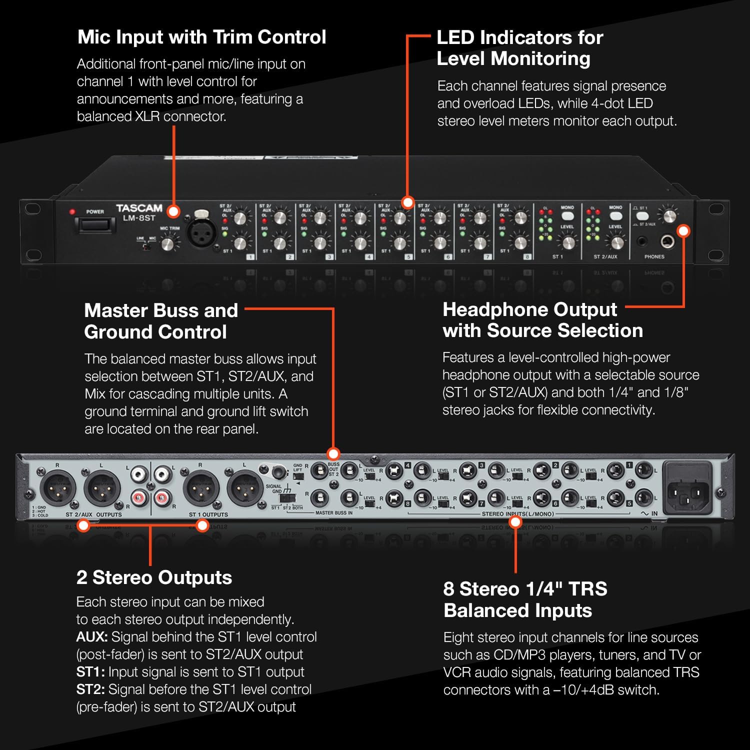 Tascam LM-8ST Rackmount 8-Channel Stereo Line Mixer