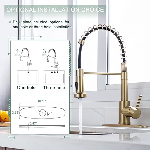 Miniatura 6 de WEWE Grifo de cocina de oro cepillado con rociador desplegable RV grifo de cocina de latón de acero inoxidable de una sola manija con placa