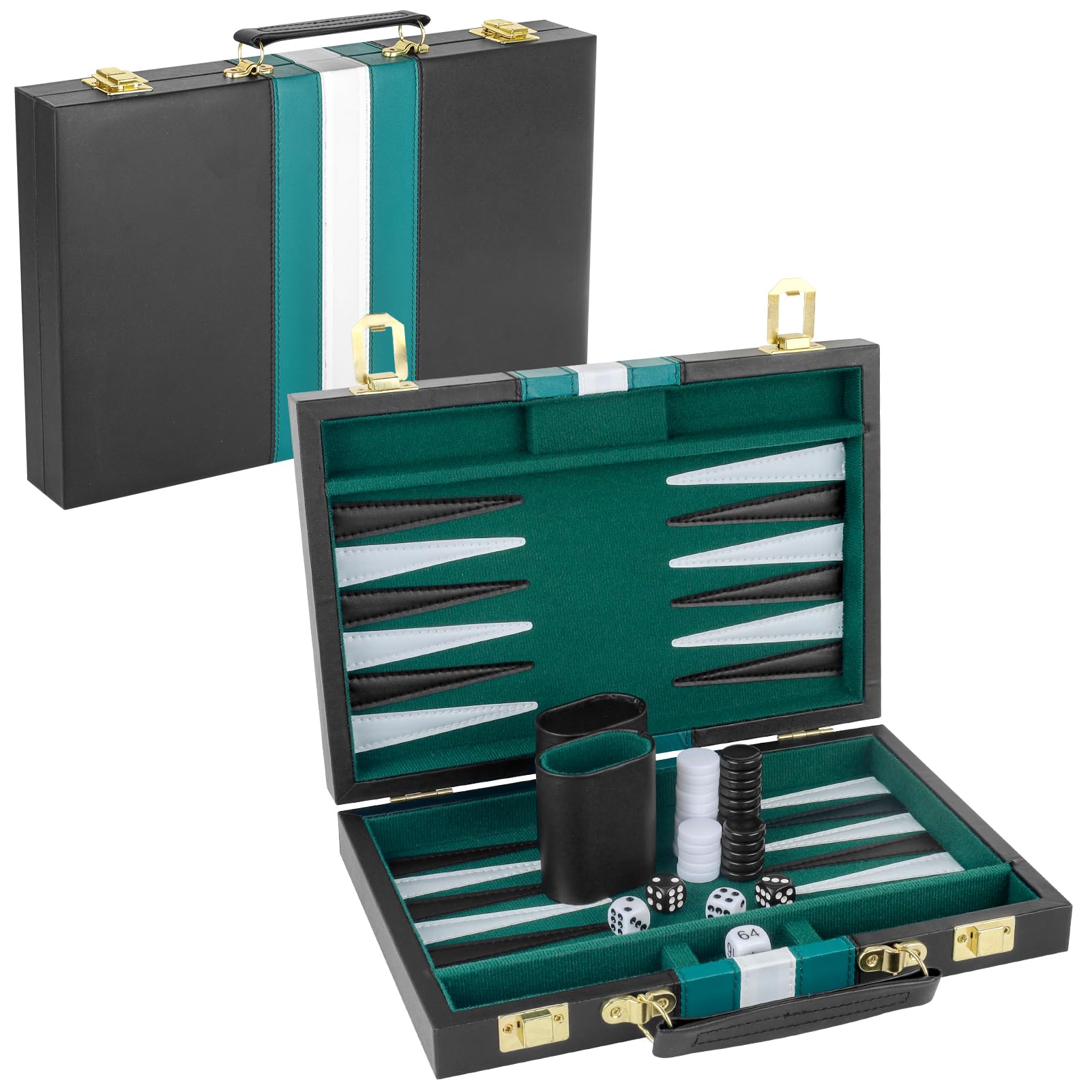 Backgammon - Juego de 2 jugadores de backgammon clásico para adultos, juego de mesa con funda de piel sintética negra, portátil y juego de backgammon de viaje (verde, 11 pulgadas)