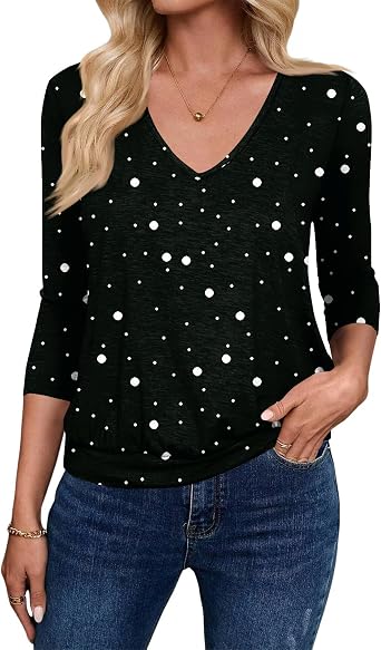 Boho Tops for Women Spring Vneck 3/4 Sleeve Banded Bottom T Shirts Basic Blouses Business Casual Clothes