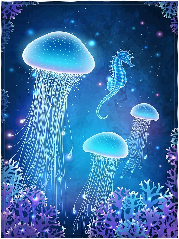 Magic Glowing Jellyfish Underwater Flannel Throw Blanket for Bed Couch Sofa Super Soft Warm Plush Blanket Bedspread Gift Idea 60x80 Inch
