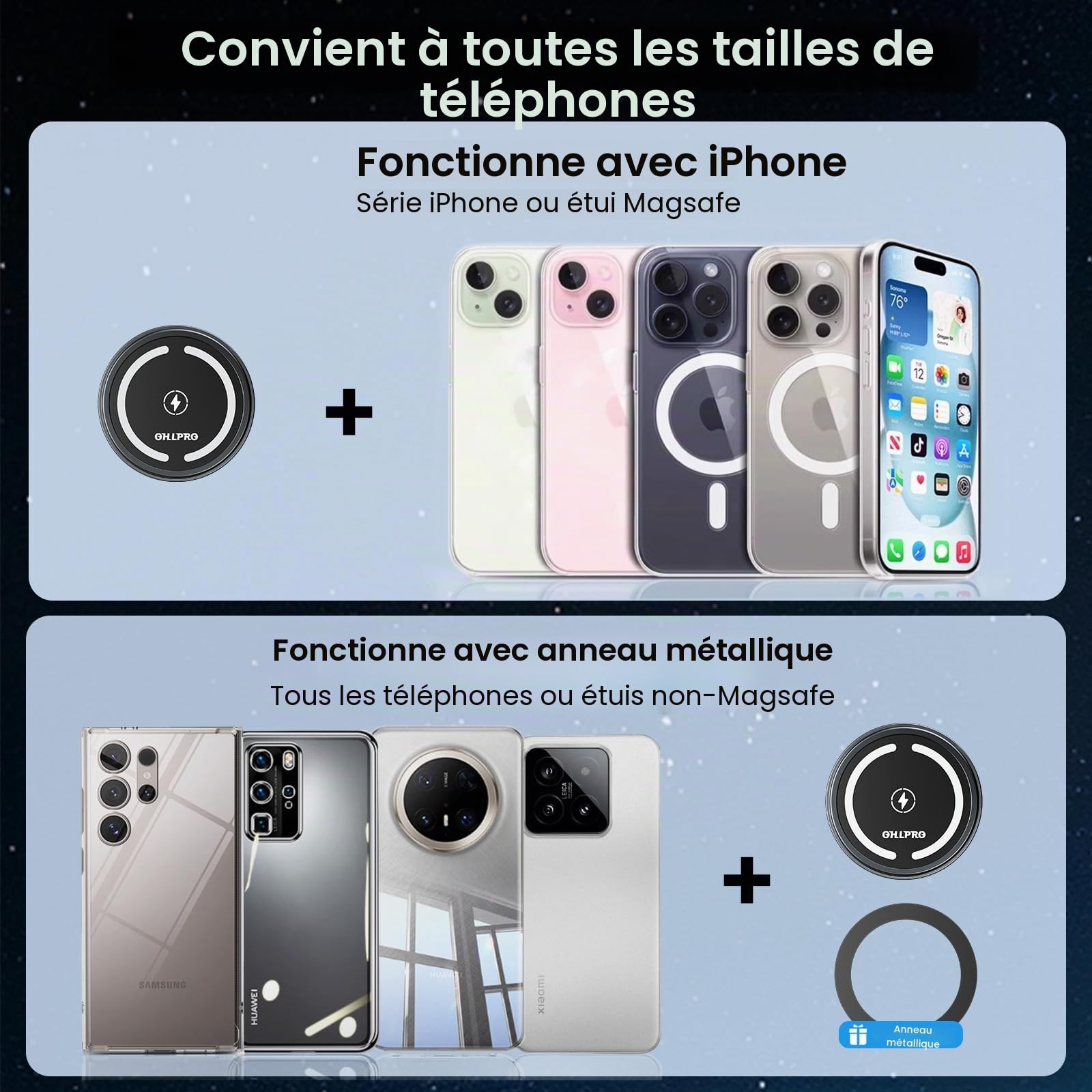 OHLPRO Support Voiture MagSafe 15W pour iPhone 17/16/15/14/13 Pro Max, Chargeur sans Fil Rapide, Fixation Fente CD & Tableau de Bord, Base Adhésive 3M, Coque Aluminium Magnétique