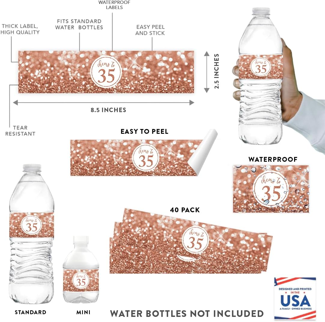 Andaz Press Glitzy Faux Glitter Rose Gold Water Bottle Labels Stickers, Cheers to 35, 35th Birthday Water Bottle Labels Anniversary 35th Birthday Decorations for Women Birthday Party Favors, 20-Pack