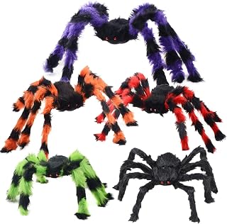 Halloween Spider Decorations, 5Pcs Realistic Colorful Hairy Giant Spider Set in Different Size, Scary Fake Spider Props Halloween Yard Outdoor and Indoor Decorations Party Decor (Colorful)