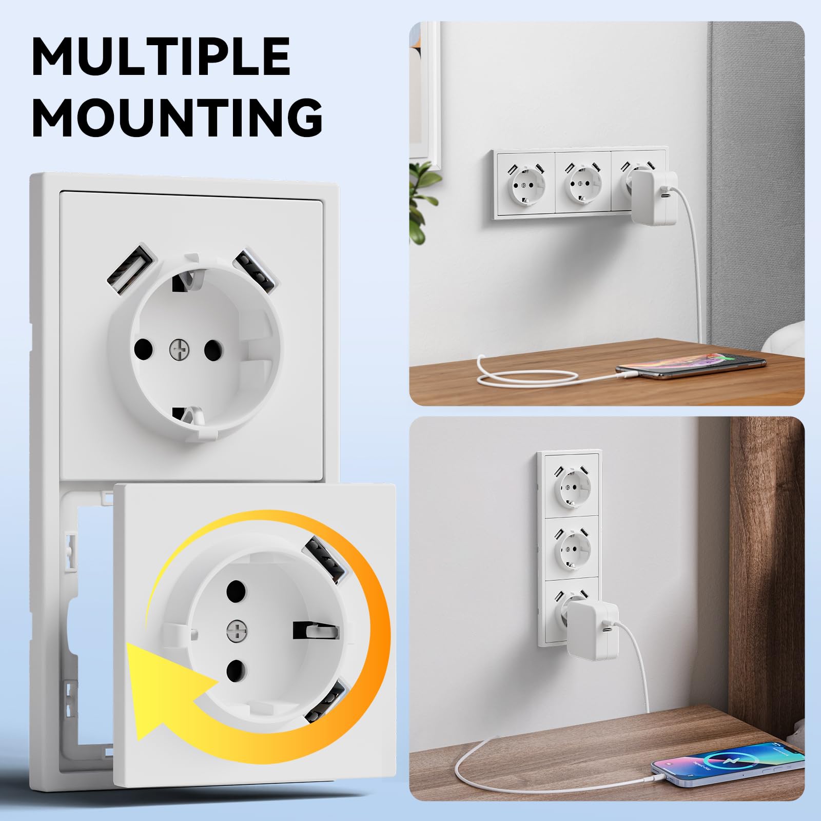 BSEED LIFE gniazdko wtykowe z zestykiem ochronnym z wejściem USB podtynkowe standardowe gniazdo ścienne 16 A z ramą PC, 80 x 220 mm, gniazdo incelne z pazurami, łatwa instalacja, 3-krotne, białe