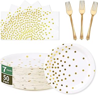 White Gold Paper Plates and Napkins Party Supplies 150PCS - 50 x 7''Dessert Plates & 50 x 6.5''Napkins & 50 x 7.3''Forks,Disposable Paper Tableware Set for Birthday,Wedding,Bridal Showers,Anniversary