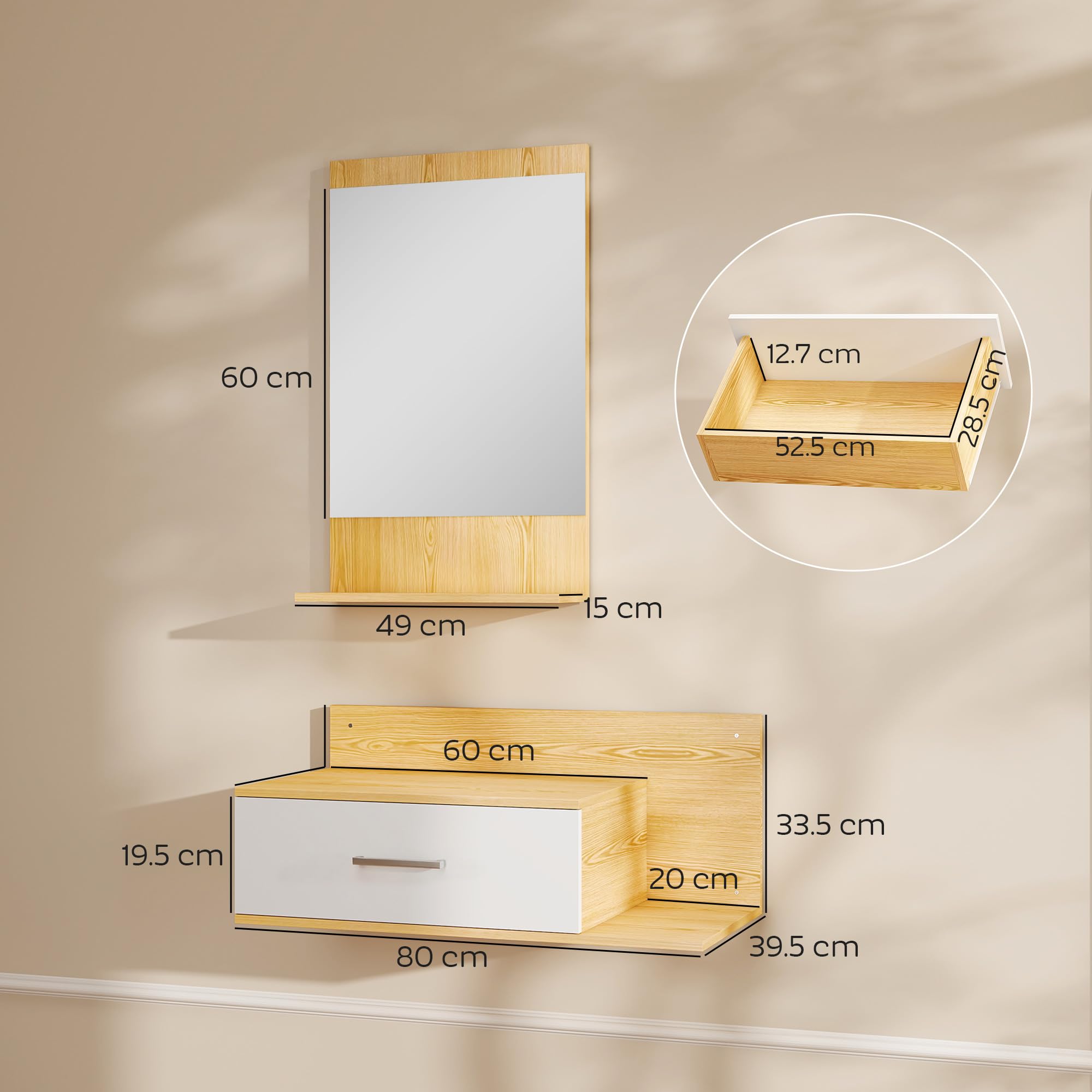 HOMCOM Set Mobili Ingresso con Specchio, Mobiletto a Parete con Cassetto e 2 Ripiani Aperti per Soggiorno, Camera da Letto, Ingresso, Legno Naturale