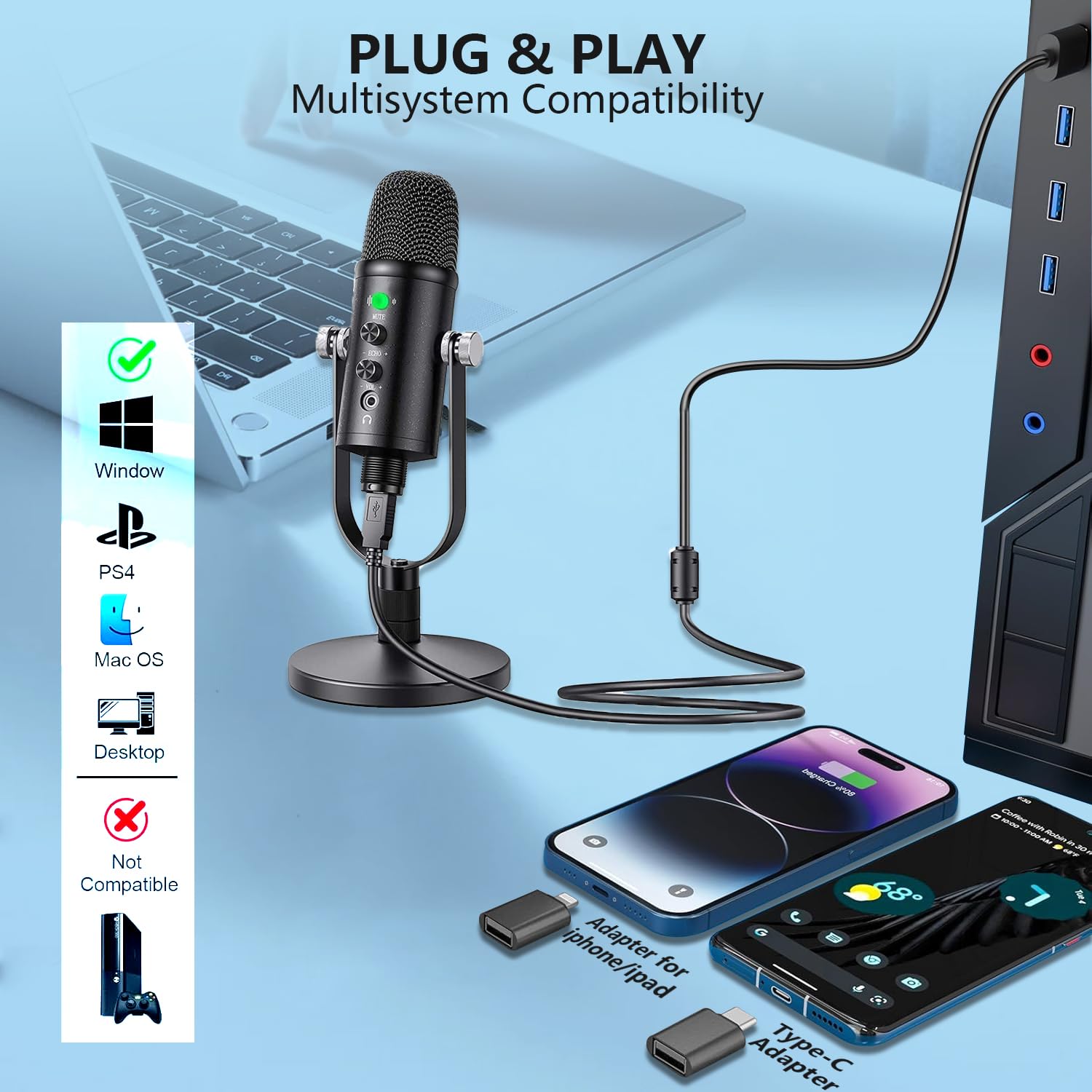 Micrófono condensador USB para PC, Podcasting - Micrófono condensador USB (WM101)