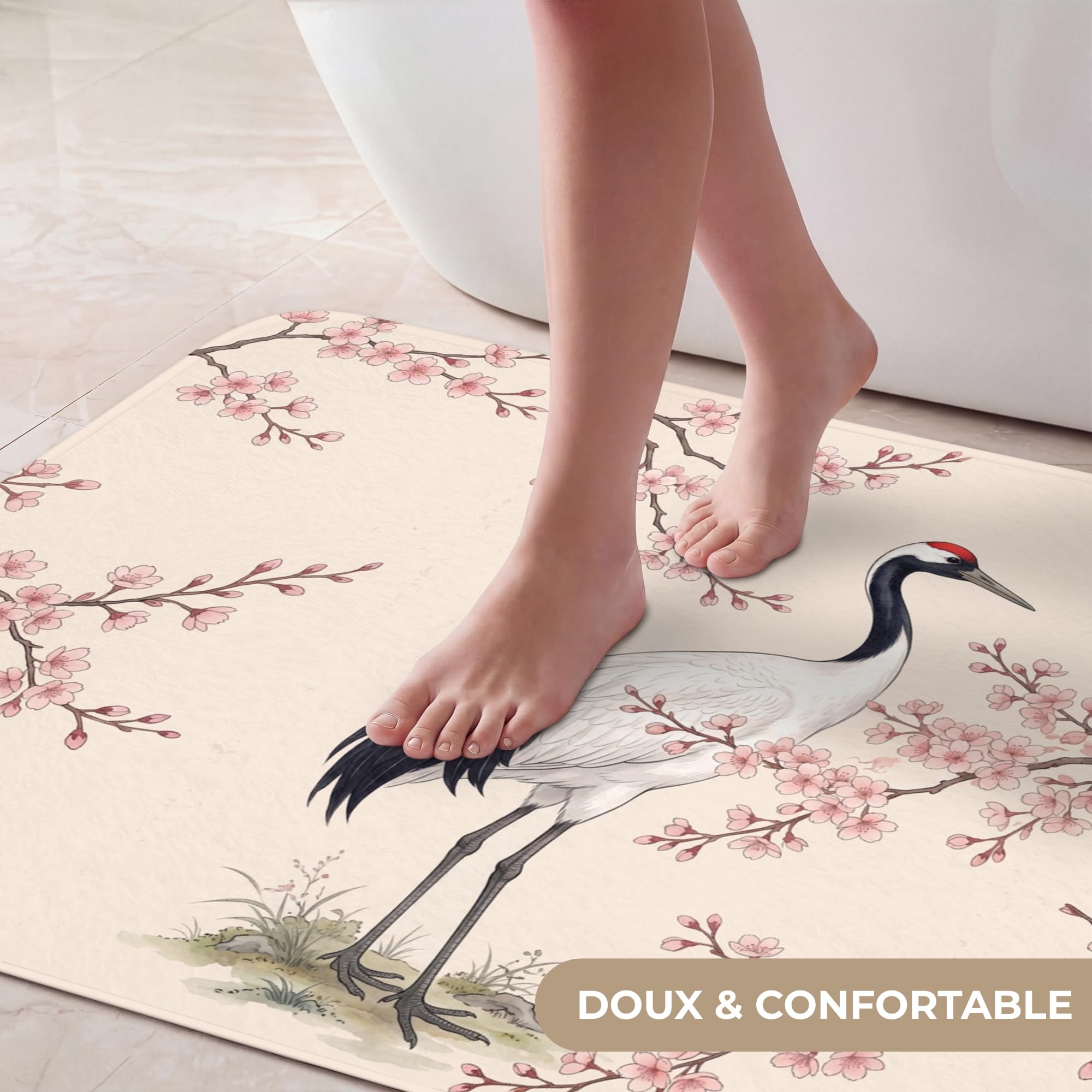 Tapis De Bain Rectangulaire 90x60 cm Douche Decoration Absorbant Antidérapant Lavable Non Slip Bath Mat Accessoire Baignoire Asiatique - Grue - Beige