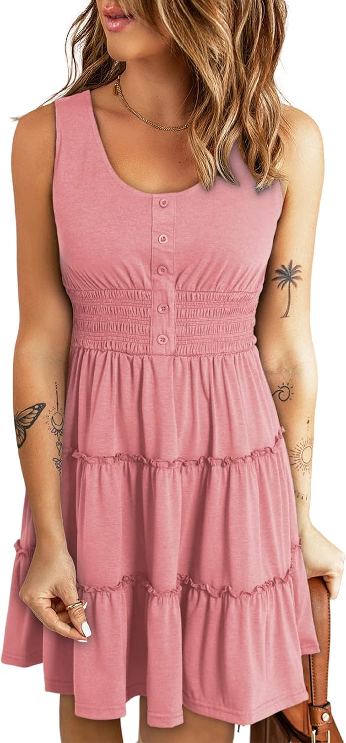Dokotoo Womens Summer Dresses 2025 Sleeveless Button Down Smocked Empire Waist Ruffle Tiered Casual Swing Mini Dress