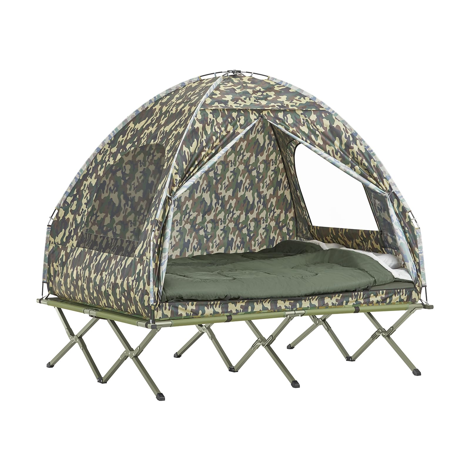 SoBuy Feldbett mit Zelt Schlafsack Wurfzelt Matratze und Zubehör Zelt 2 Person 2 Mann Zelt Feldbett 4in1-Zelt mit Campingliege Tarnfarbe BHT ca. 193x188x145cm OGS32-L-TN
