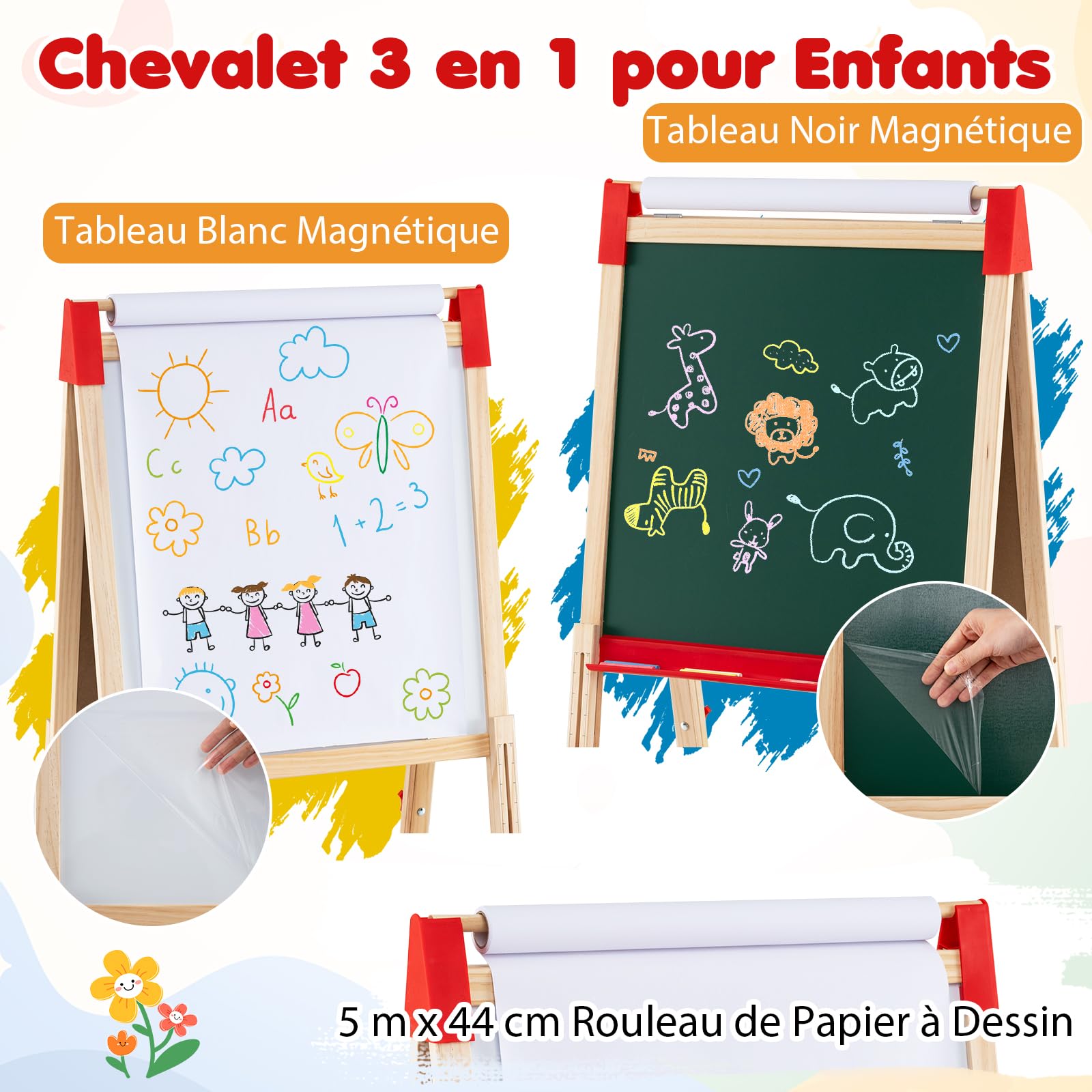 GOPLUS Tableau Enfant Double Face, 3 en 1 Chavalet Enfant avec Tableau Blanc/Noir Magnétiques à Hauteur Réglable avec Rouleau de Papier, Chevalet en Bois pour Garçons et Filles de 3-15 Ans